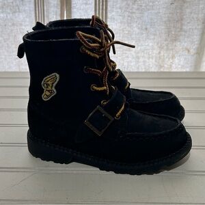 Polo Ralph Lauren Kids 9.5 Ranger Boot Black Buckle Lace Up P-Wing Suede Leather